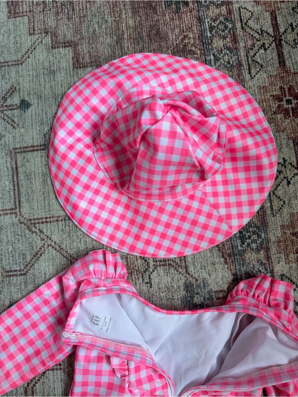GAP Hot Pink Gingham Long-Sleeve Rashguard with Matching Sun Hat - 12-18M